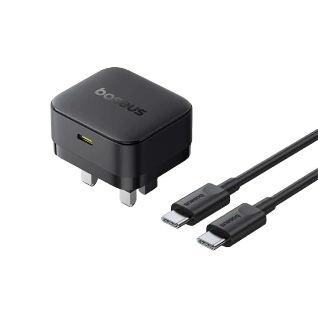 Baseus Palm 30W PD Type-C Fast Charging Wall Charger - UK Plug with Ultra Fast Charging Type-C to Type-C Data Cable 1M - Black