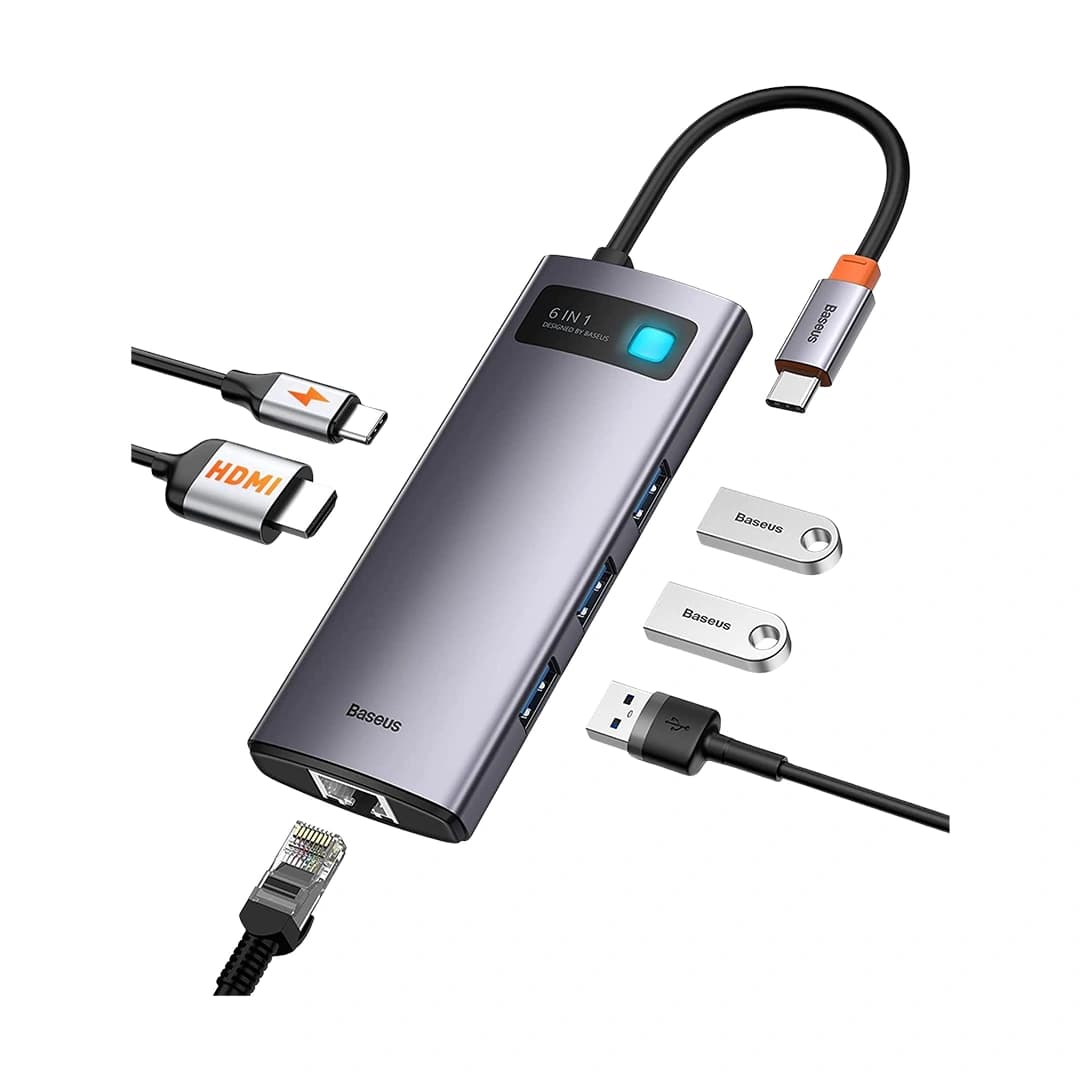 Baseus Metal Gleam Series 6-in-1 Multifunctional Type-C HUB Docking Station Gray （Type-C to HDMI*1+USB3.0*3+PD*1+RJ45*1)